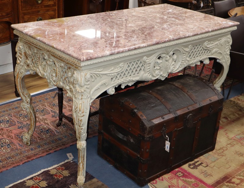 A Louis XV style marble top gilt centre table, W.150cm., D.74cm., H.89cm.